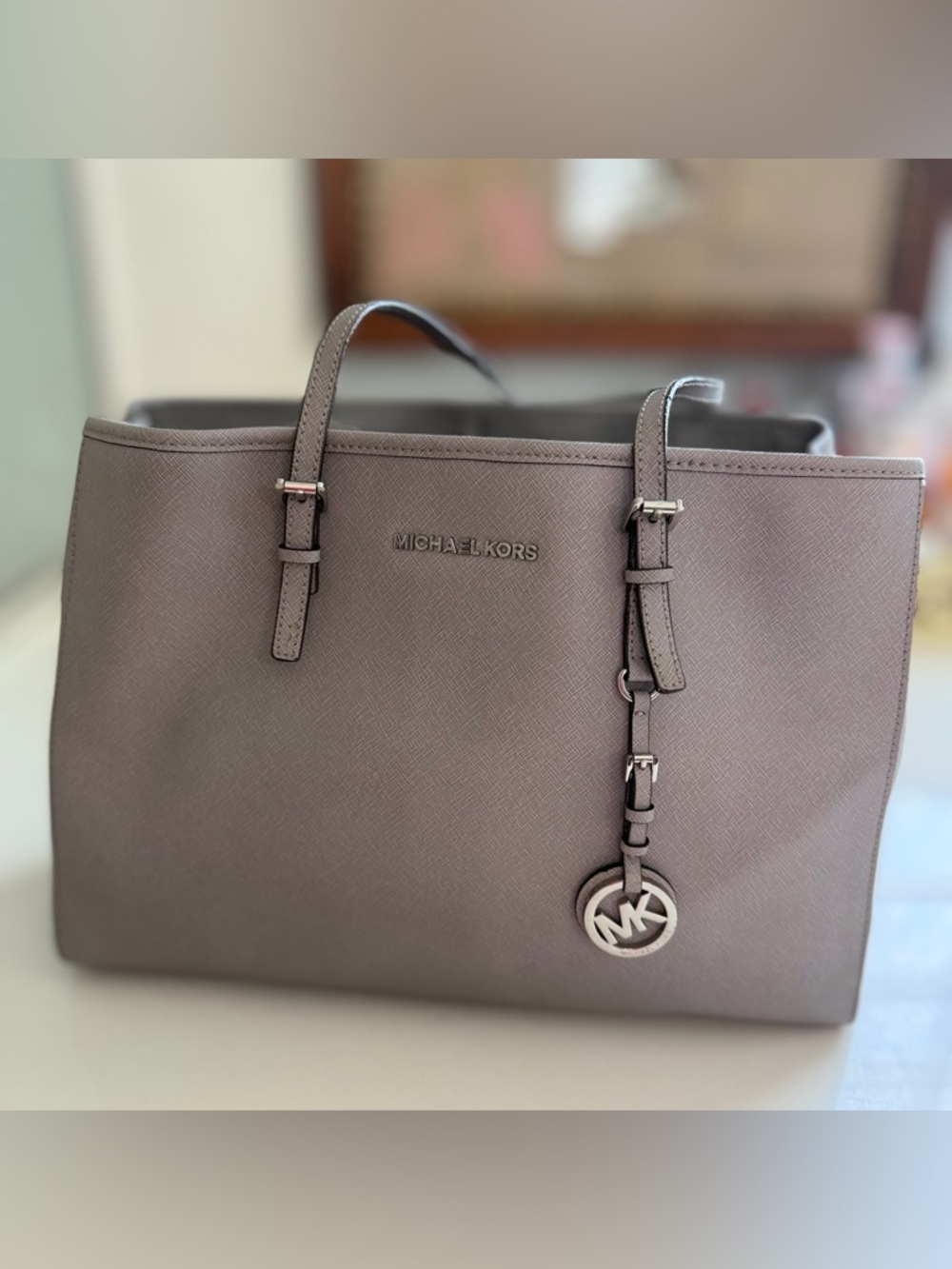 Michael Kors Jet Set Travel Tote – Taupe | Saffiano Leather | Silver Hardware